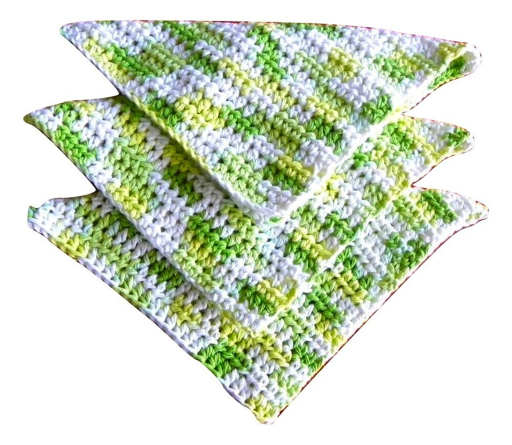 (3) Handmade Crocheted Dishcloths Washcloths 100% Cotton Limeade Green Ombre